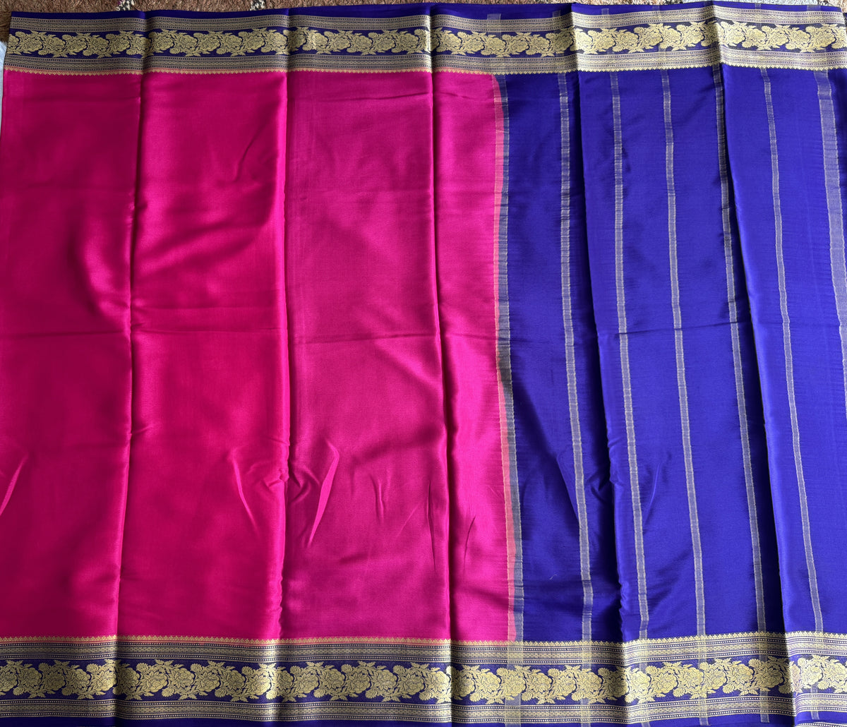 Rani Pink Mysore Crepe Silk Saree with Silver Zari Border | Pure Handloom | Silk Mark Certified