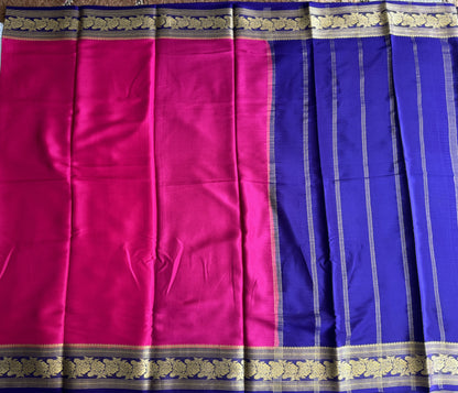 Rani Pink Mysore Crepe Silk Saree with Silver Zari Border | Pure Handloom | Silk Mark Certified