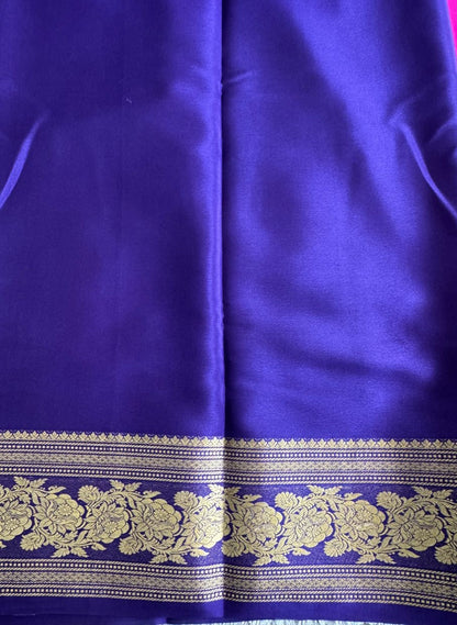 Rani Pink Mysore Crepe Silk Saree with Silver Zari Border | Pure Handloom | Silk Mark Certified