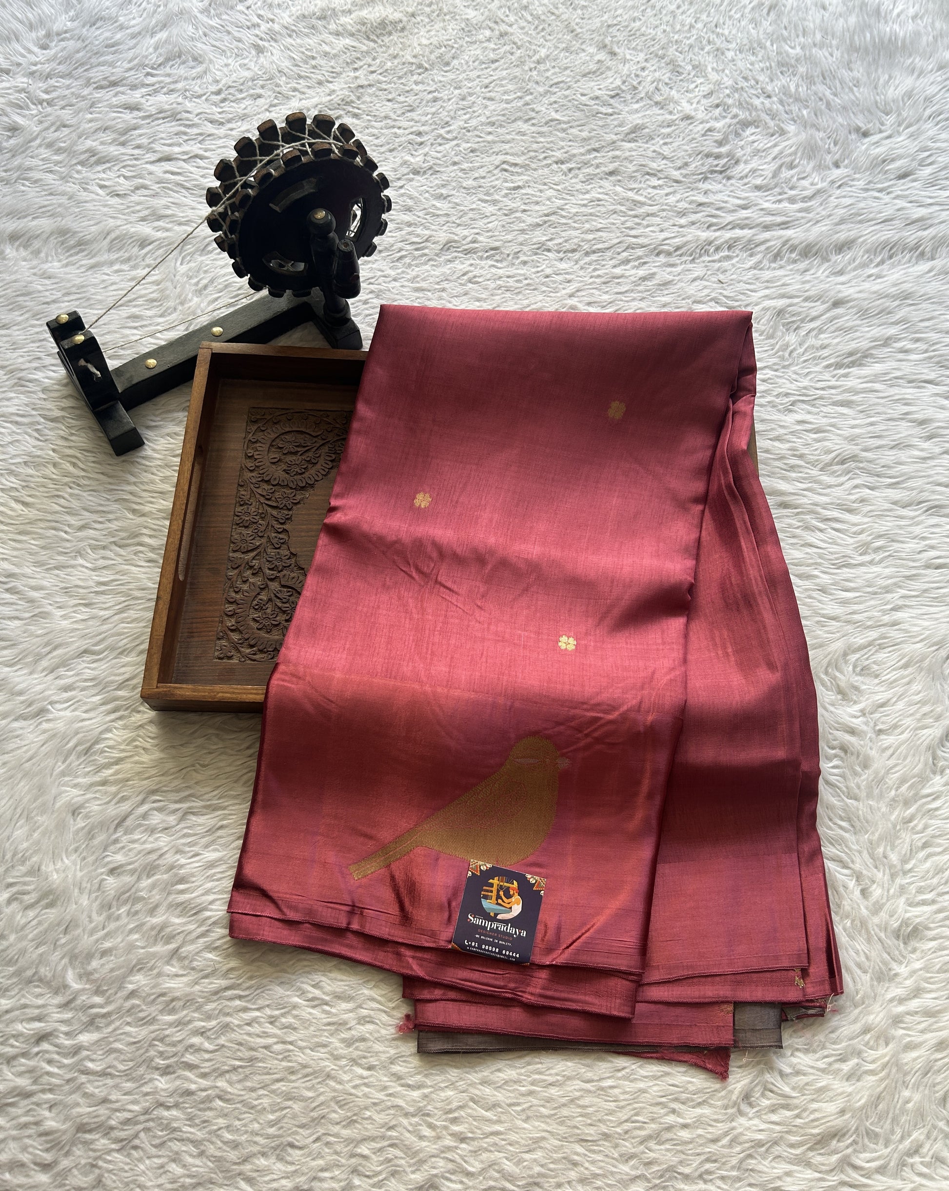 Mona Silk Saree Dark Peach Colored Complemented with a Mashrur Border. - Sampradaya Designer Studio