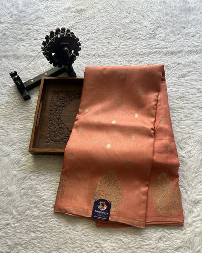 Mona Silk Saree Peach Colored Complemented with a Mashrur Border. - Sampradaya Designer Studio