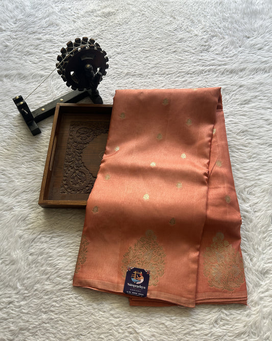 Mona Silk Saree Peach Colored Complemented with a Mashrur Border. - Sampradaya Designer Studio