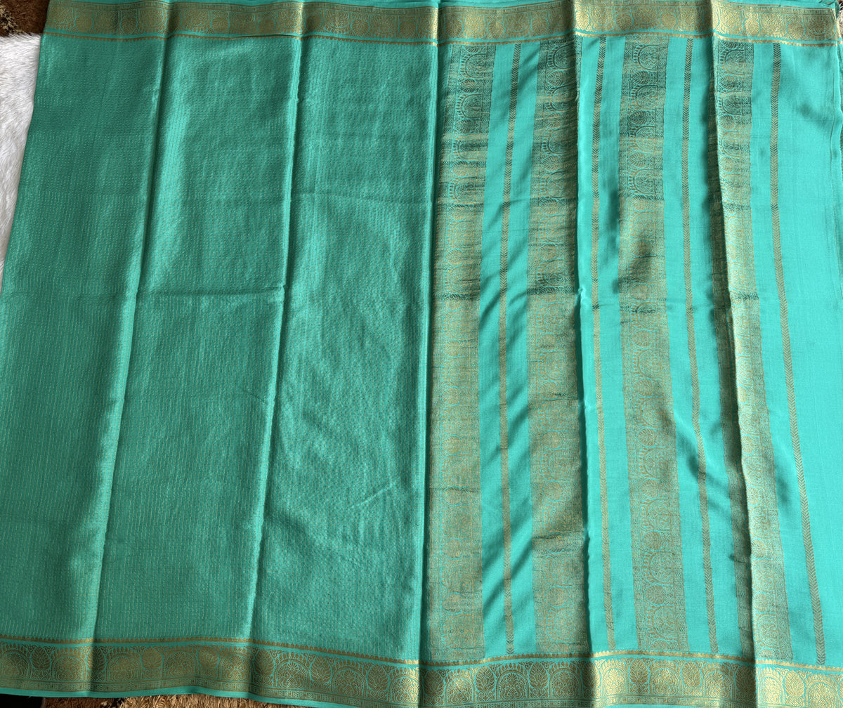 Sea Green Mysore Crepe Silk Saree with Silver Zari Border | Pure Handloom | Silk Mark Certified