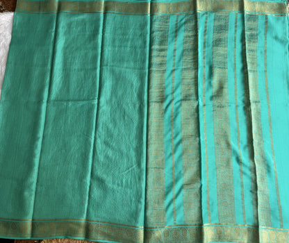 Sea Green Mysore Crepe Silk Saree with Silver Zari Border | Pure Handloom | Silk Mark Certified