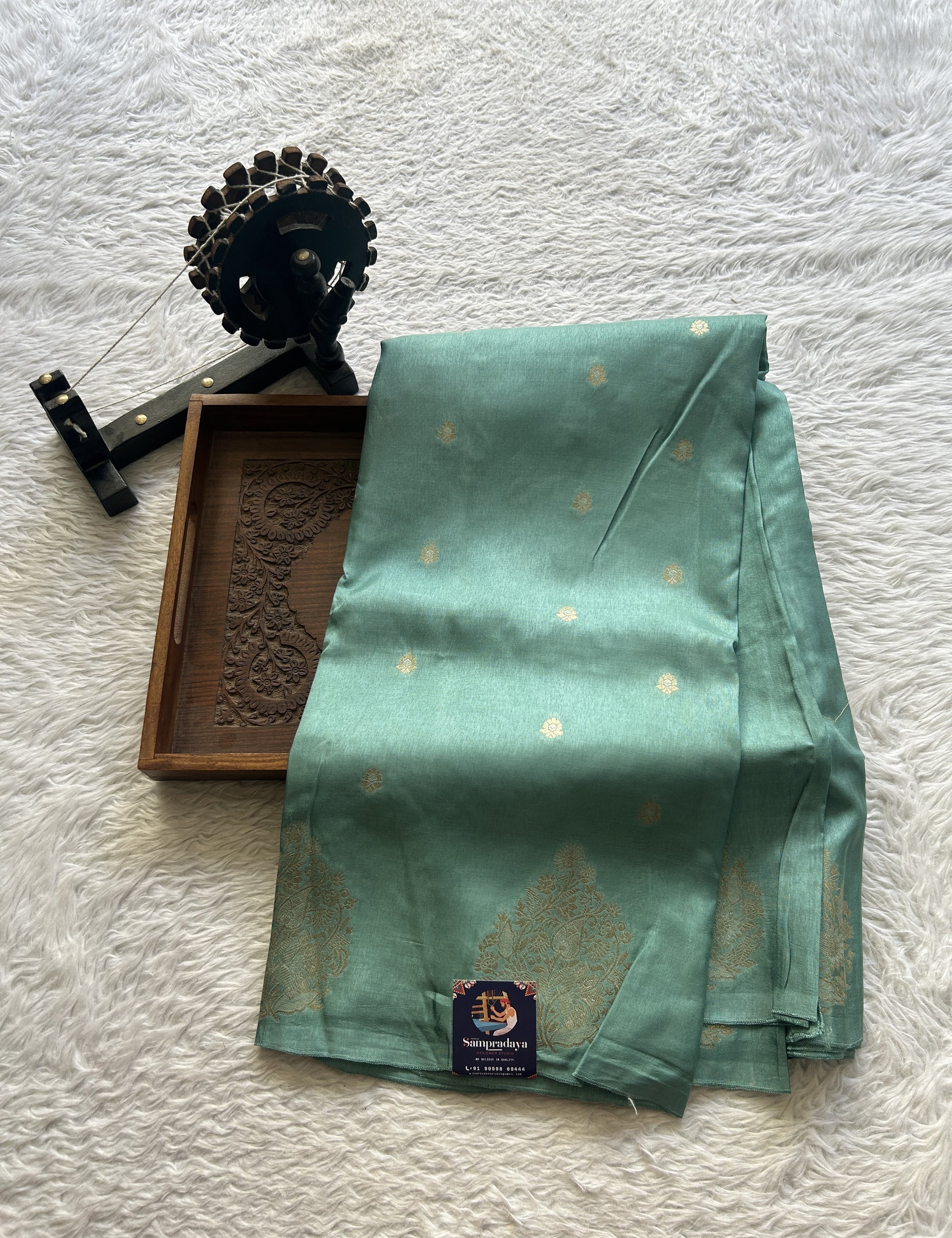 Mona Silk Saree Aqua Blue Colored Complemented with a Mashrur Border. - Sampradaya Designer Studio
