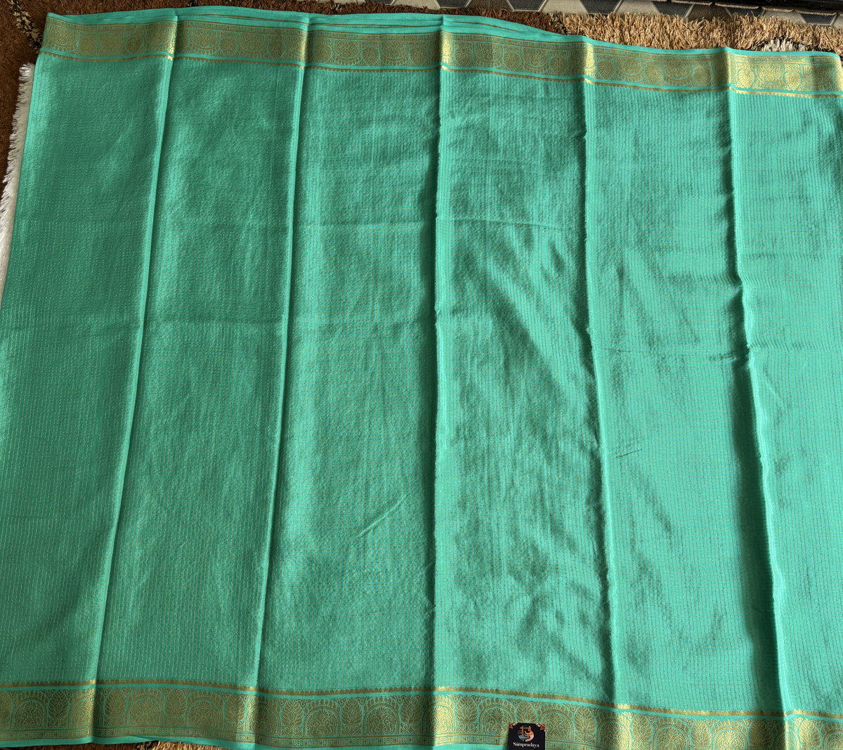 Sea Green Mysore Crepe Silk Saree with Silver Zari Border | Pure Handloom | Silk Mark Certified