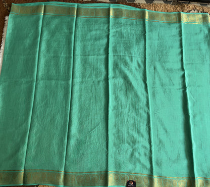 Sea Green Mysore Crepe Silk Saree with Silver Zari Border | Pure Handloom | Silk Mark Certified