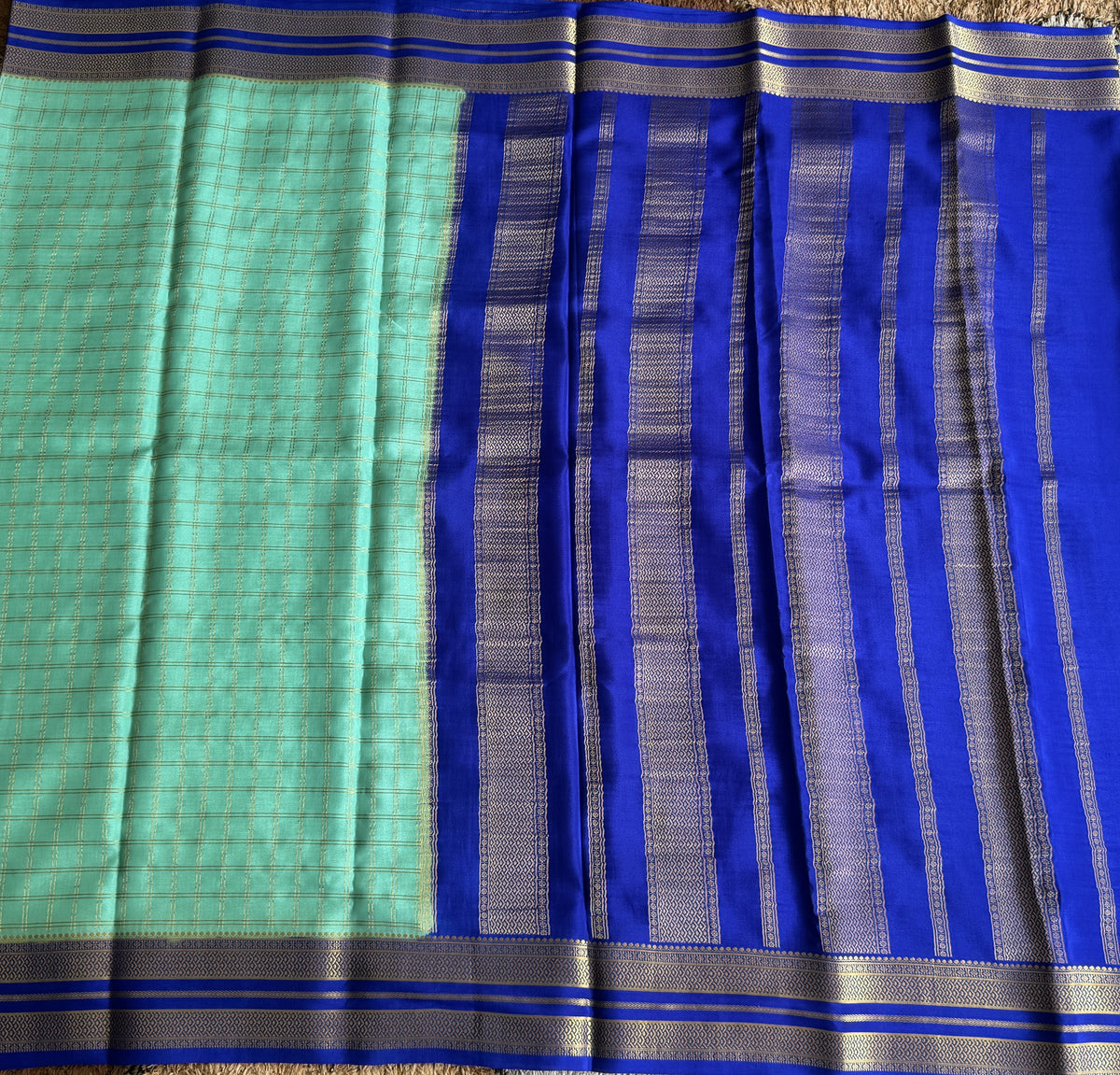 Sea Green Mysore Crepe Silk Saree with Silver Zari Border | Pure Handloom | Silk Mark Certified