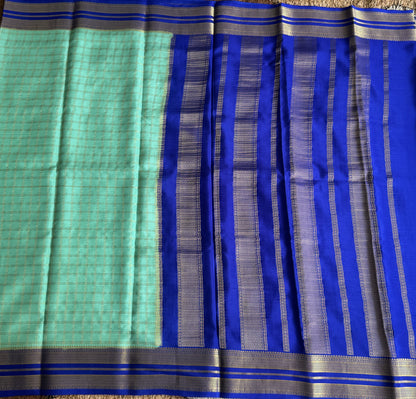 Sea Green Mysore Crepe Silk Saree with Silver Zari Border | Pure Handloom | Silk Mark Certified