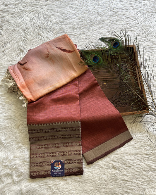 Pure Mangalagiri Pattu Dress Material Brown Colored Paired with a Pastel Orange Color Digital Print Dupatta - Sampradaya Designer Studio