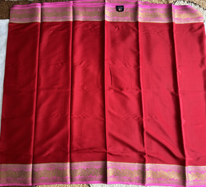 Maroon Mysore Crepe Silk Saree with Silver Zari Border | Pure Handloom | Silk Mark Certified