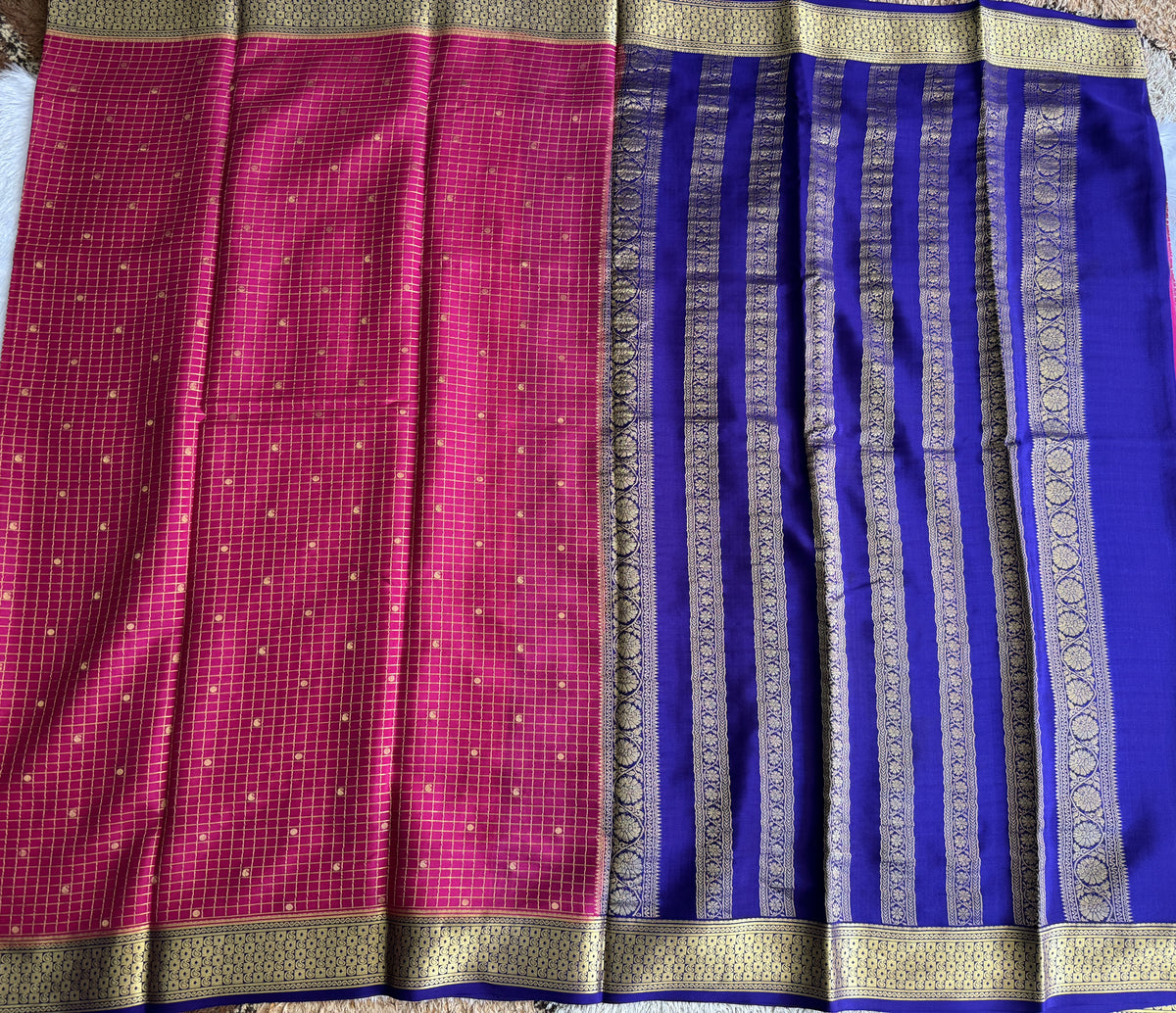 Rani Pink Mysore Crepe Silk Saree with Silver Zari Border | Pure Handloom | Silk Mark Certified