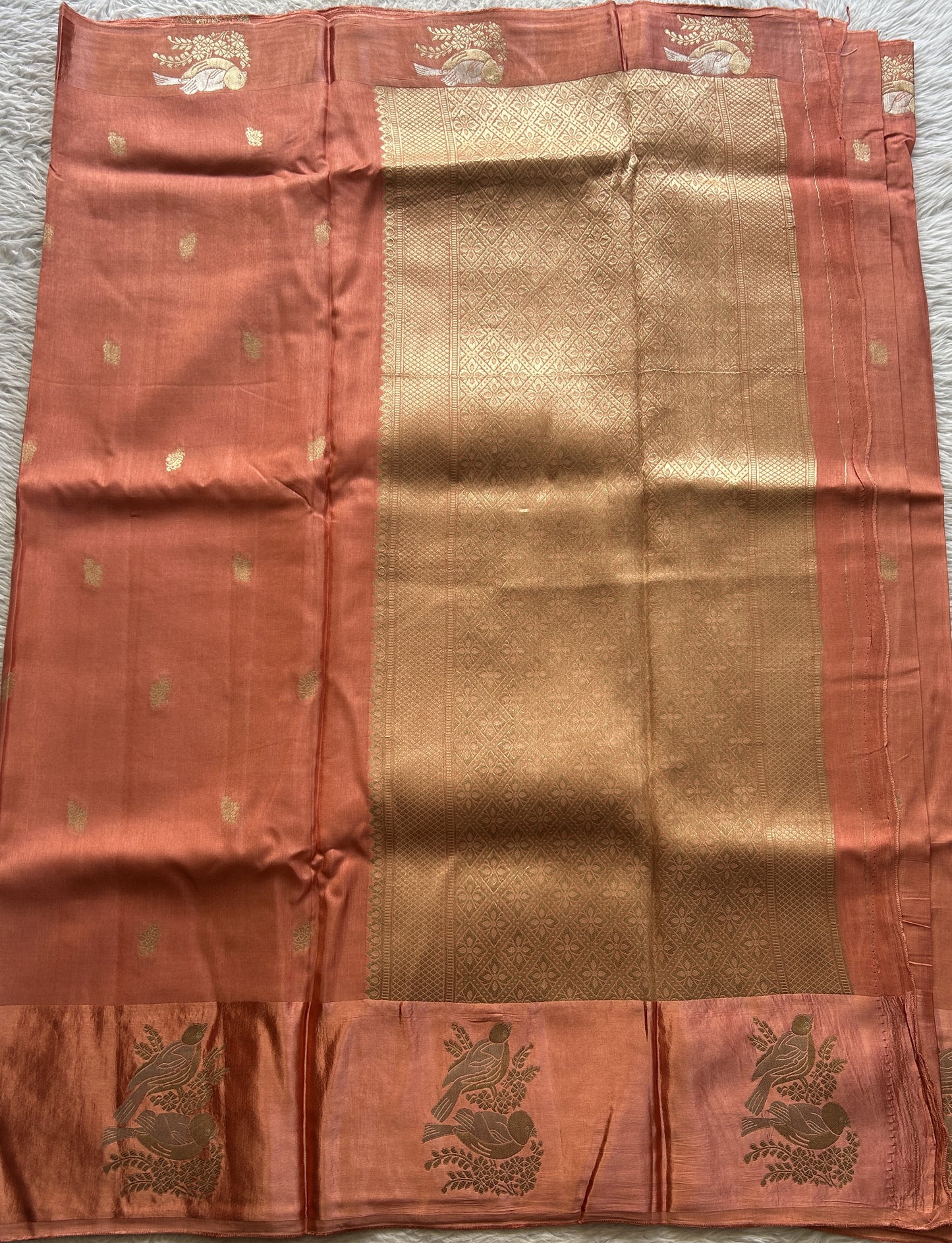 Mona Silk Saree Peach Colored Complemented with a Mashrur Border. - Sampradaya Designer Studio