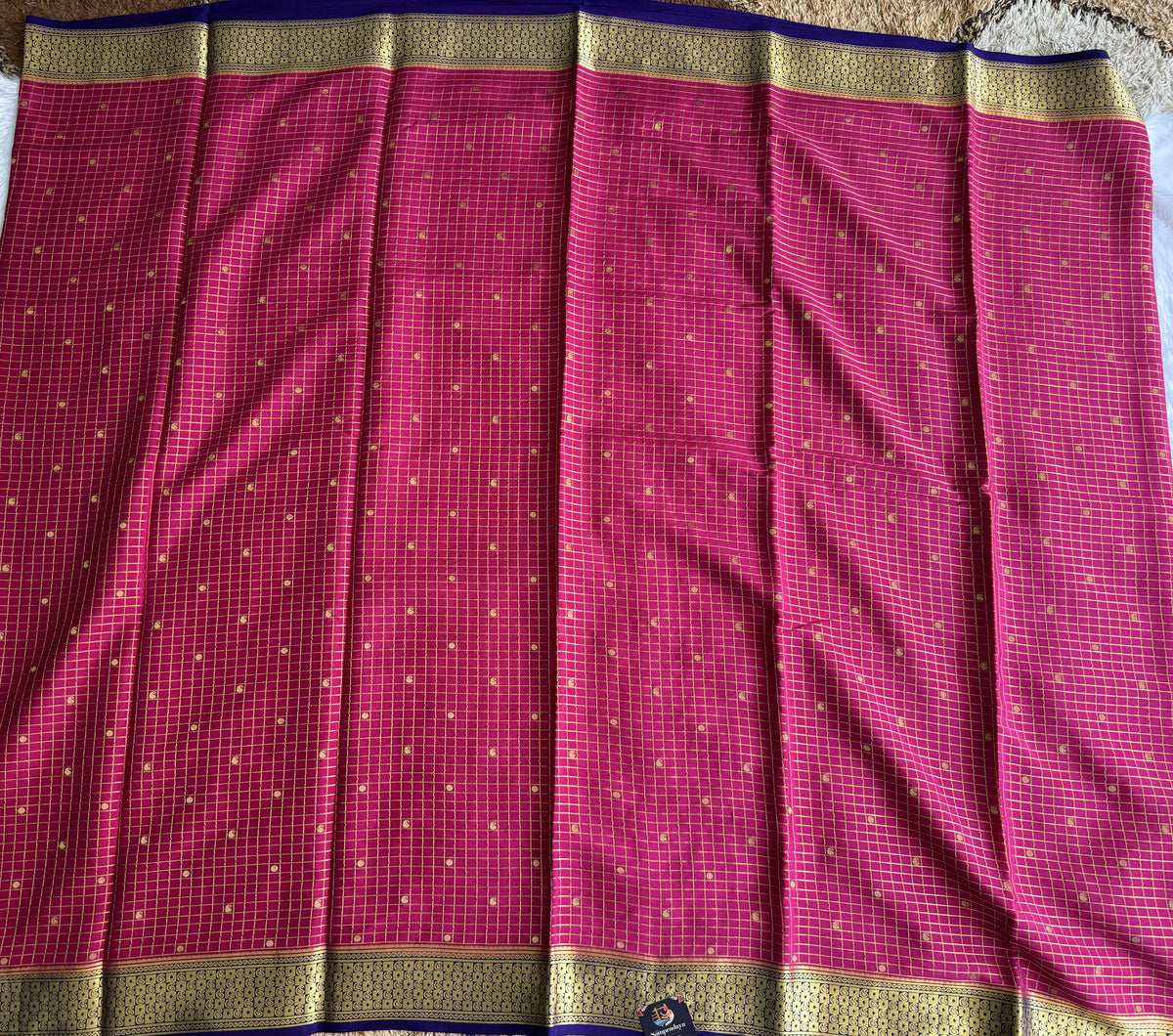 Rani Pink Mysore Crepe Silk Saree with Silver Zari Border | Pure Handloom | Silk Mark Certified