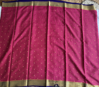 Rani Pink Mysore Crepe Silk Saree with Silver Zari Border | Pure Handloom | Silk Mark Certified