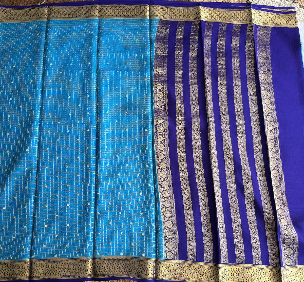 Blue Mysore Crepe Silk Saree with Silver Zari Border | Pure Handloom | Silk Mark Certified