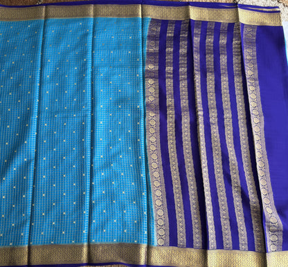 Blue Mysore Crepe Silk Saree with Silver Zari Border | Pure Handloom | Silk Mark Certified