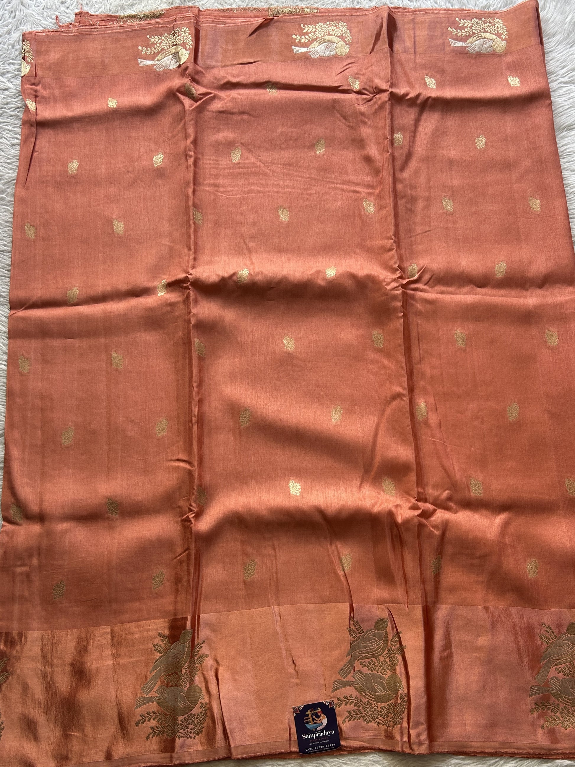 Mona Silk Saree Peach Colored Complemented with a Mashrur Border. - Sampradaya Designer Studio
