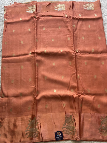 Mona Silk Saree Peach Colored Complemented with a Mashrur Border. - Sampradaya Designer Studio