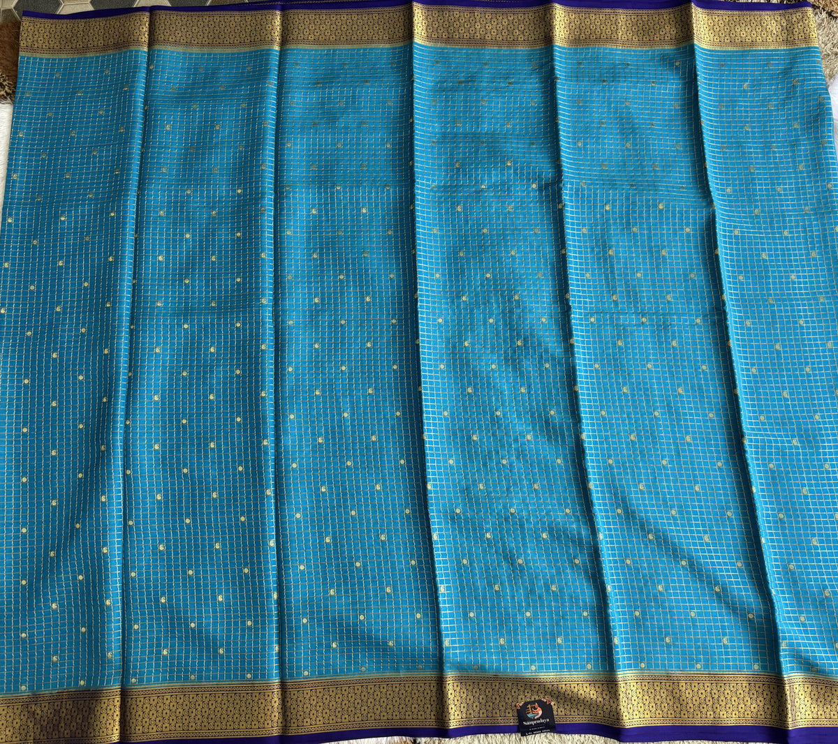 Blue Mysore Crepe Silk Saree with Silver Zari Border | Pure Handloom | Silk Mark Certified