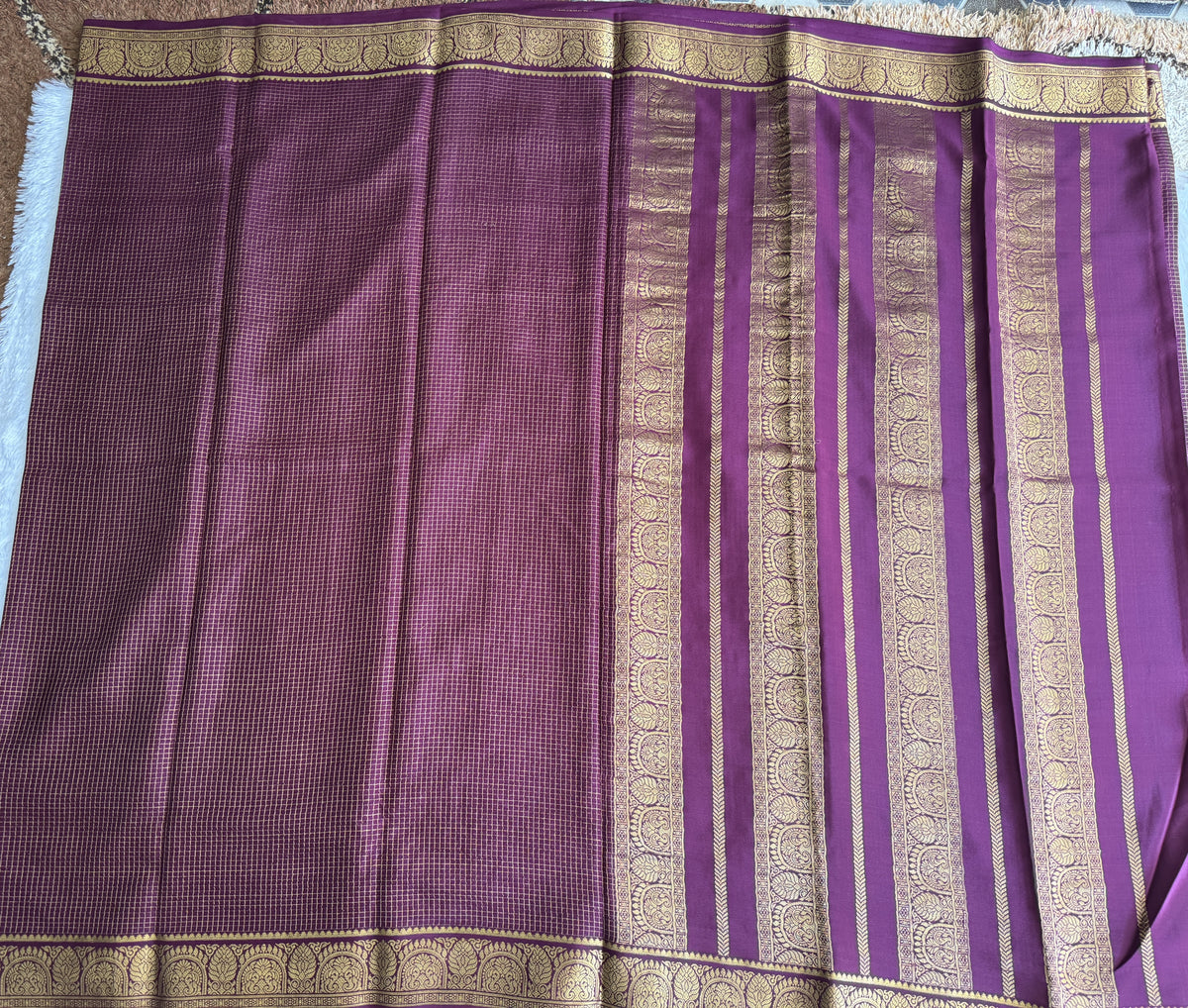 Deep Purple Mysore Crepe Silk Saree with Silver Zari Border | Pure Handloom | Silk Mark Certified