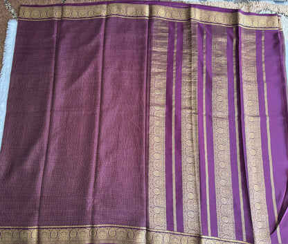 Deep Purple Mysore Crepe Silk Saree with Silver Zari Border | Pure Handloom | Silk Mark Certified