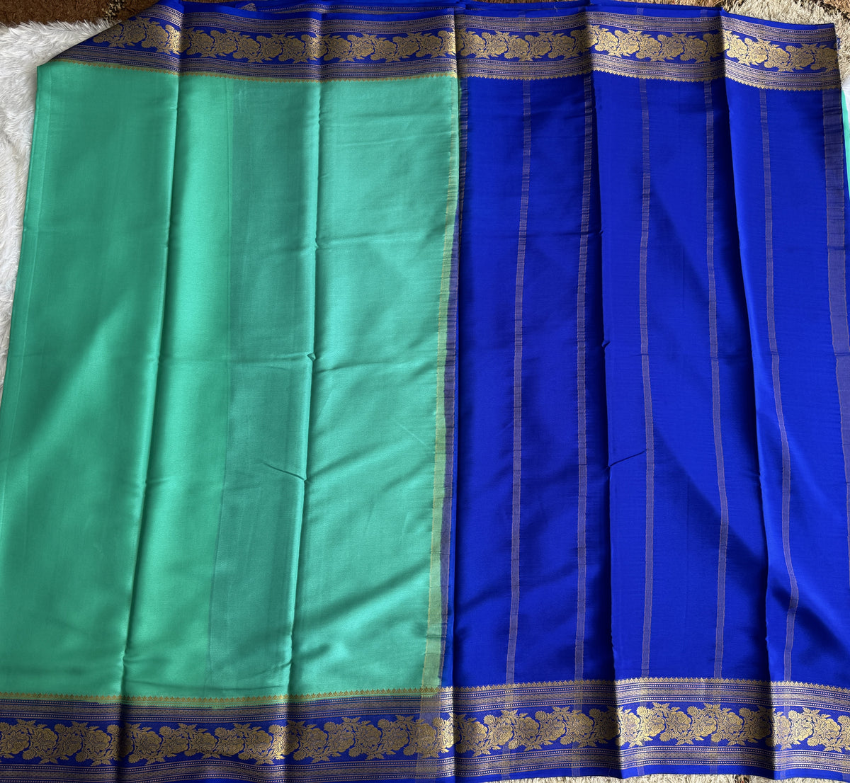 Sea Green Mysore Crepe Silk Saree with Silver Zari Border | Pure Handloom | Silk Mark Certified