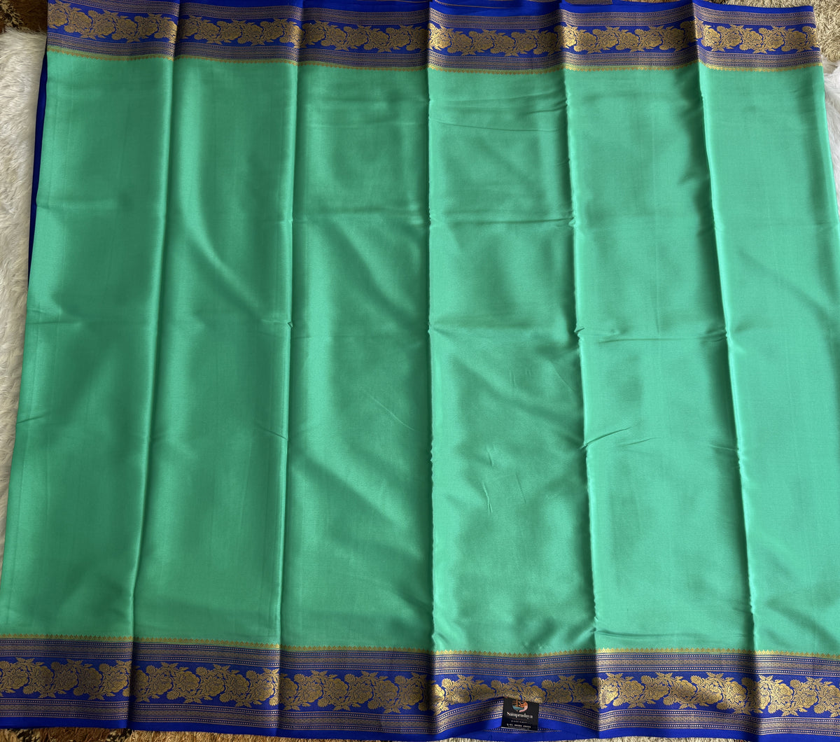 Sea Green Mysore Crepe Silk Saree with Silver Zari Border | Pure Handloom | Silk Mark Certified