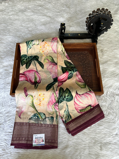 Mangalagiri Pattu Digital Print Saree Cream colored complemented with a Magenta Color kanchi Border - Sampradaya Designer Studio