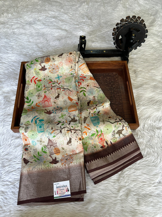 Mangalagiri Pattu Digital Print Saree Cream colored complemented with a Brown Color Zari Border - Sampradaya Designer Studio