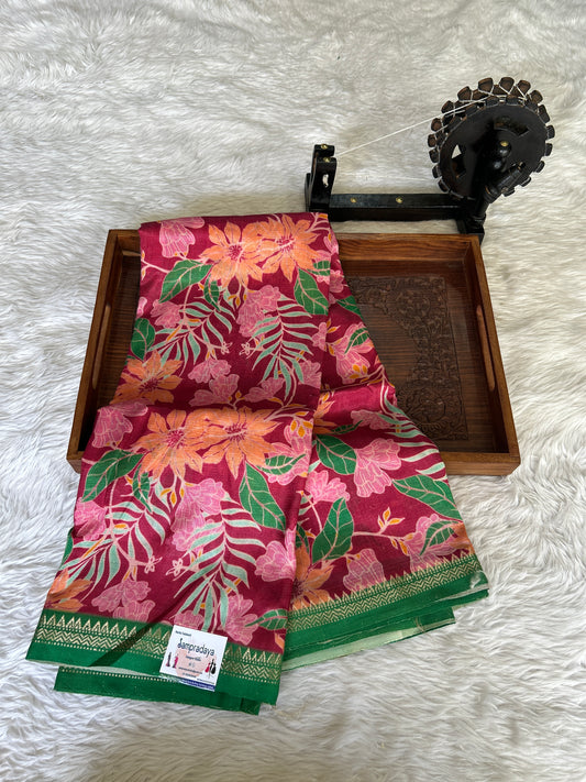Mangalagiri Pattu Digital Print Saree Pink colored complemented with a Green Color Zari Border - Sampradaya Designer Studio