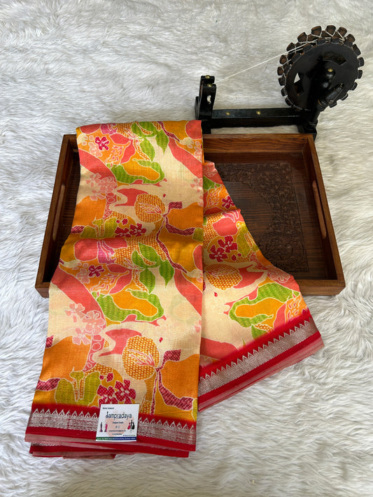 Mangalagiri Pattu Digital Print Saree Beige colored complemented with a Red Color Zari Border - Sampradaya Designer Studio