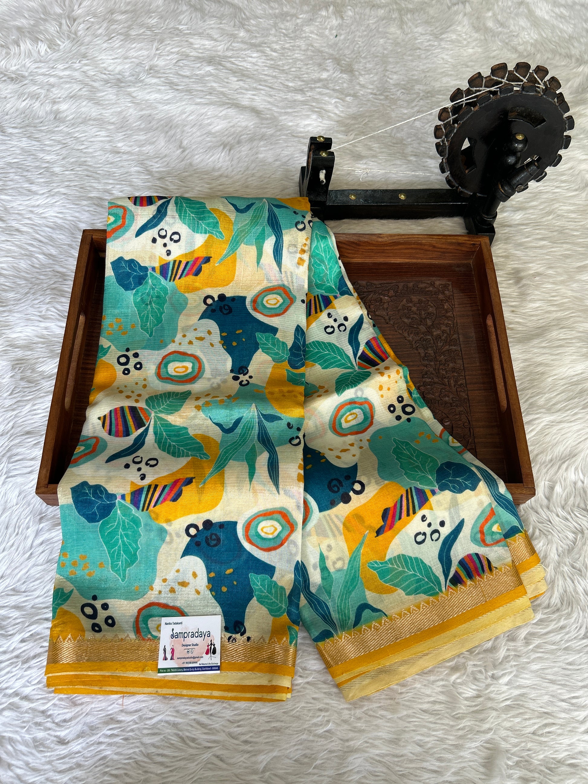 Mangalagiri Pattu Digital Print Saree Cream colored complemented with a Yellow Color Zari Border - Sampradaya Designer Studio