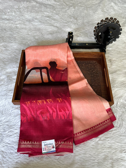 Mangalagiri Pattu Digital Print Saree Peach colored complemented with a Dark Pink Color Zari Border - Sampradaya Designer Studio