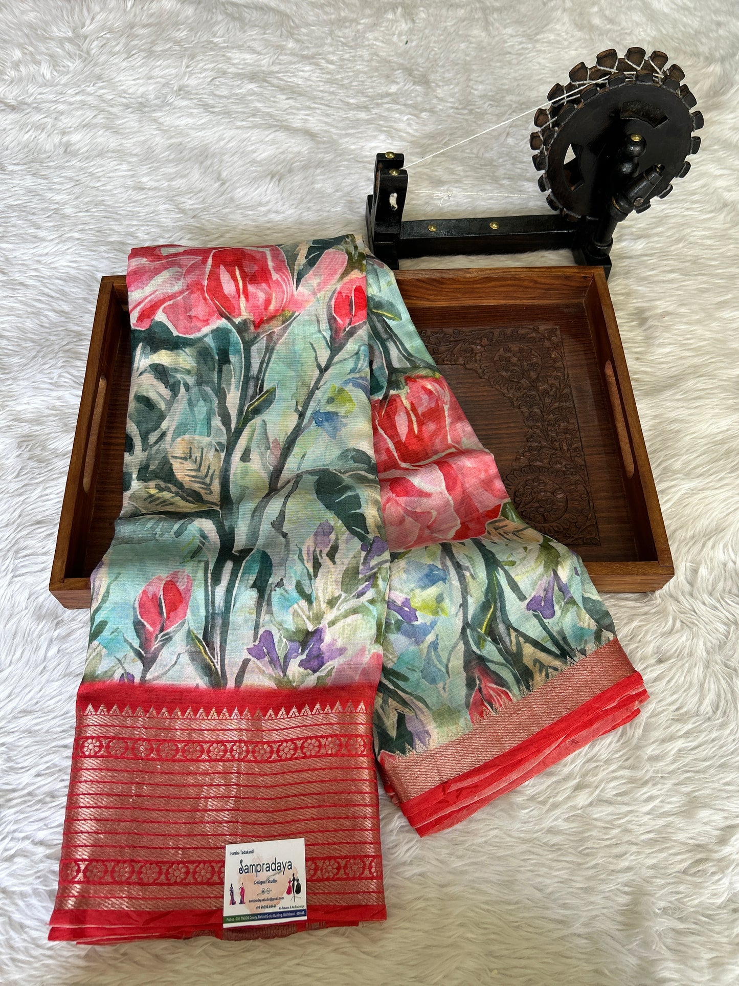 Mangalagiri Pattu Digital Print Saree Sea Blue colored complemented with a Red Color Zari Border - Sampradaya Designer Studio