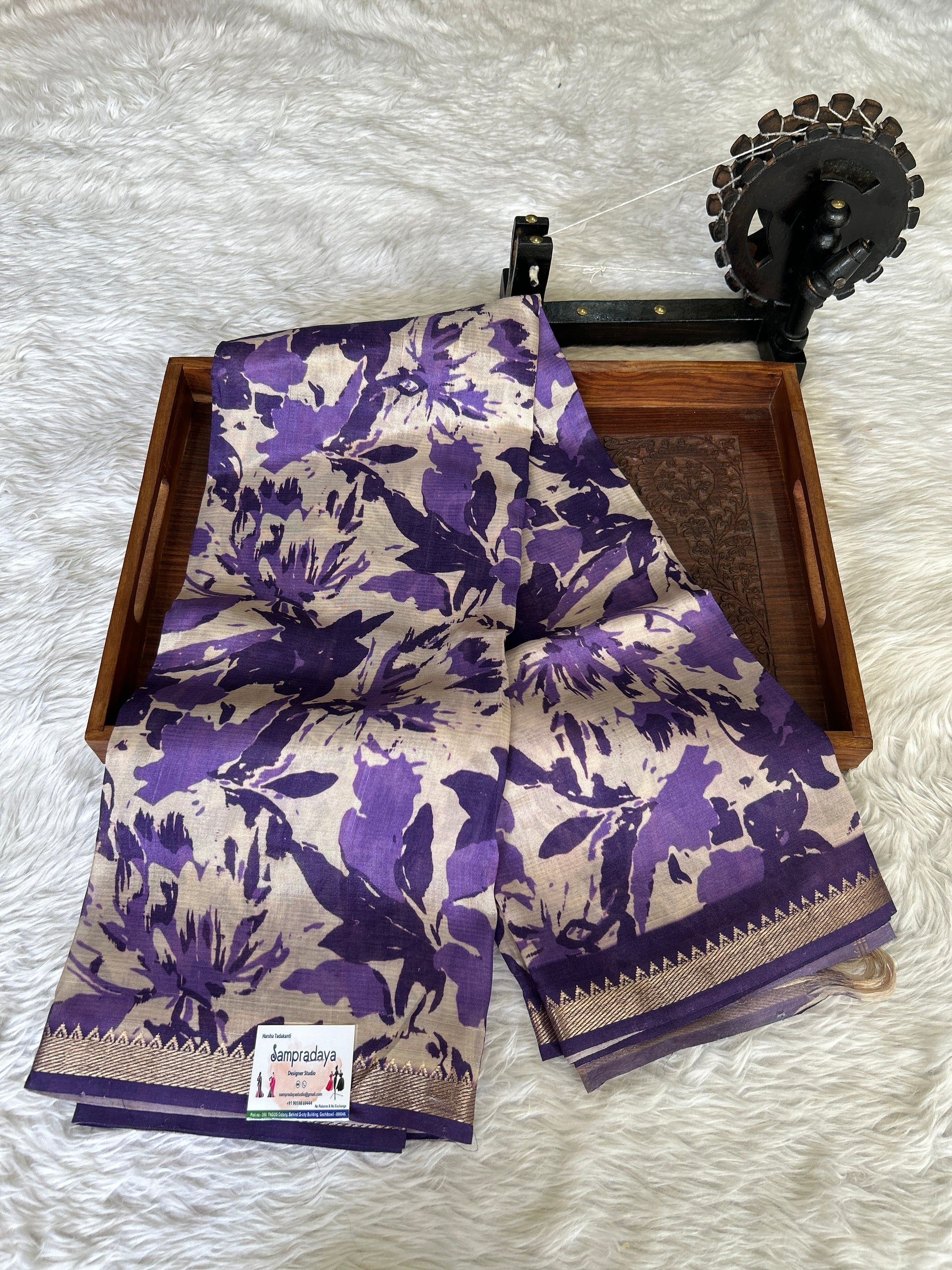 Mangalagiri Pattu Digital Print Saree Purple colored complemented with a Zari Border - Sampradaya Designer Studio