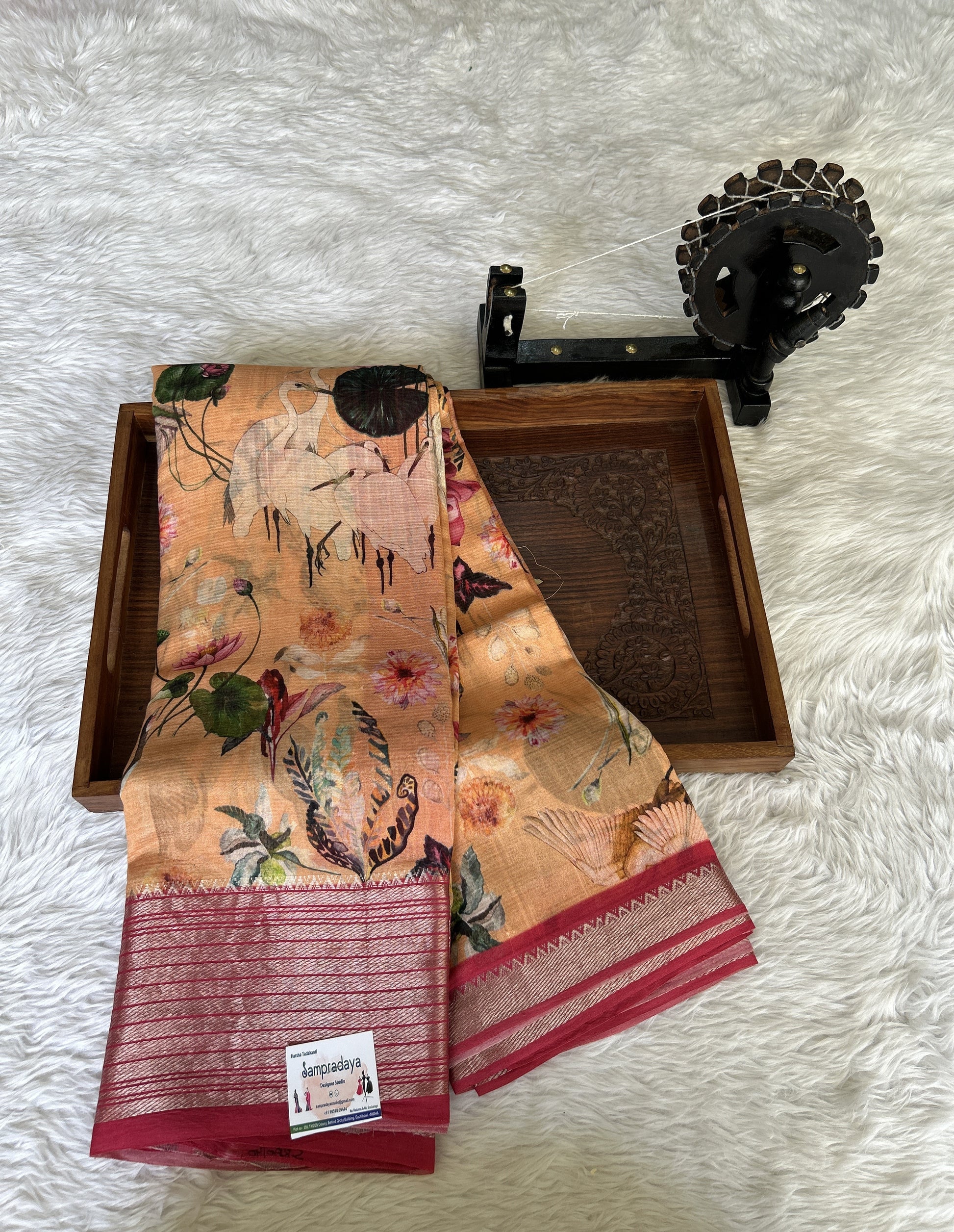 Mangalagiri Pattu Digital Print Saree Orange colored complemented with a Pink Zari Border - Sampradaya Designer Studio