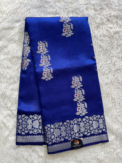 Pure Chiniya Silk Saree Blue Colored Elegantly Paired with a Gold Zari Border.