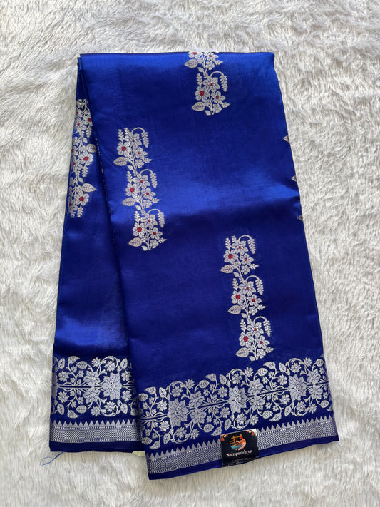 Pure Chiniya Silk Saree Blue Colored Elegantly Paired with a Gold Zari Border.
