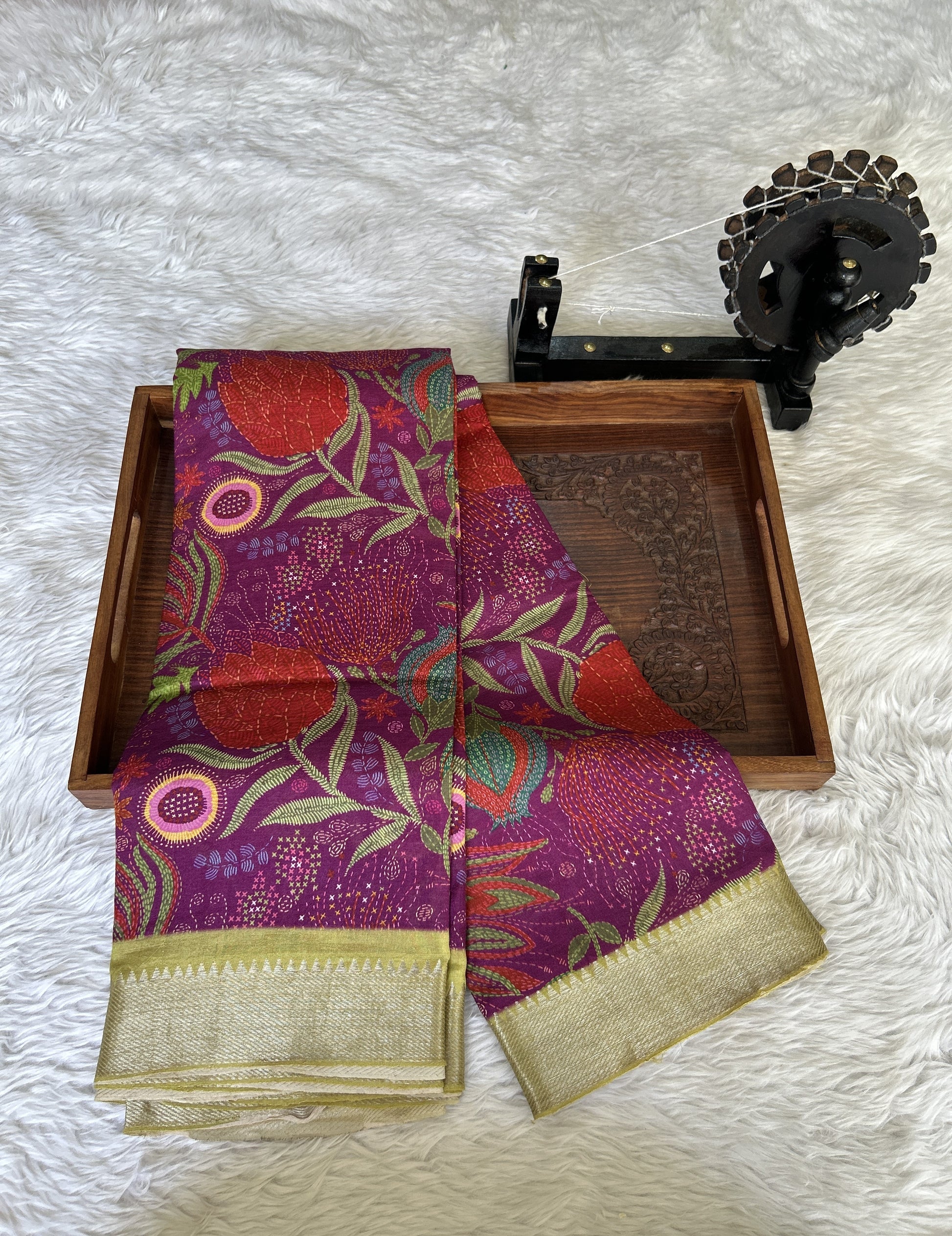 Mangalagiri Pattu Digital Print Saree Purple colored complemented with a Neon Green Zari Border - Sampradaya Designer Studio