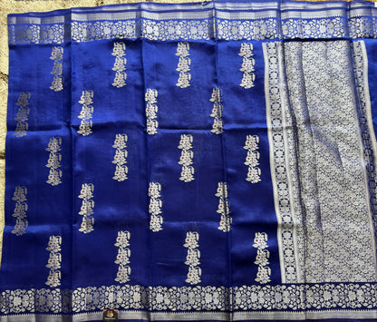 Pure Chiniya Silk Saree Blue Colored Elegantly Paired with a Gold Zari Border.