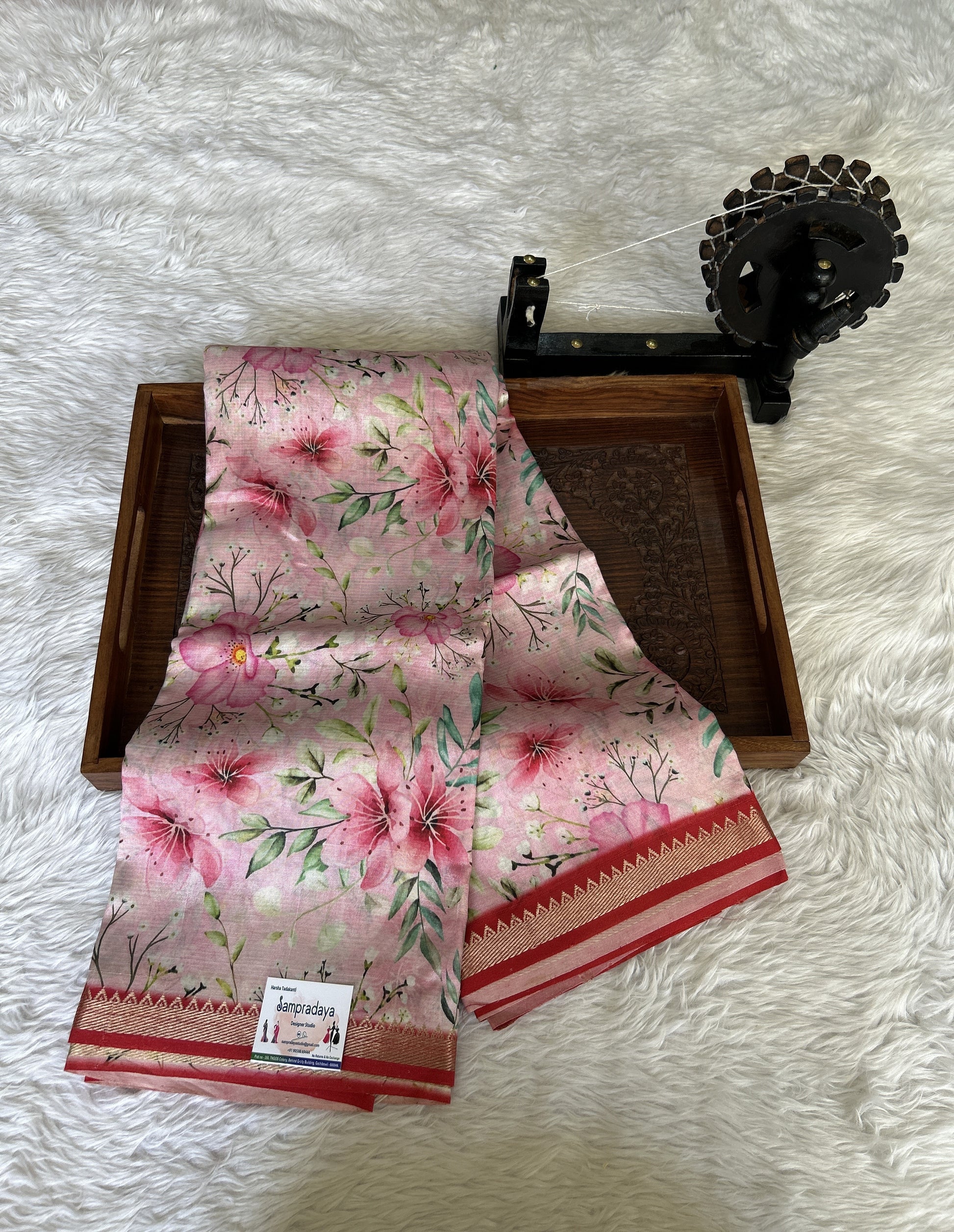 Mangalagiri Pattu Digital Print Saree Baby Pink colored complemented with a Red Zari Border - Sampradaya Designer Studio