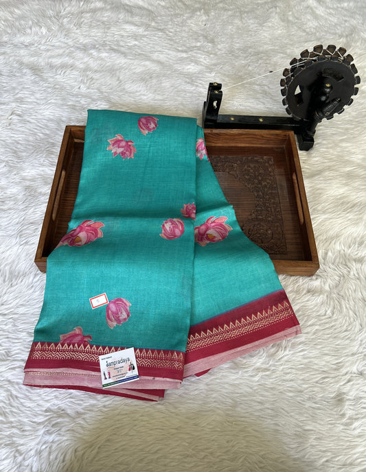 Mangalagiri Pattu Digital Print Saree Sea Blue colored complemented with a Pink Zari Border - Sampradaya Designer Studio