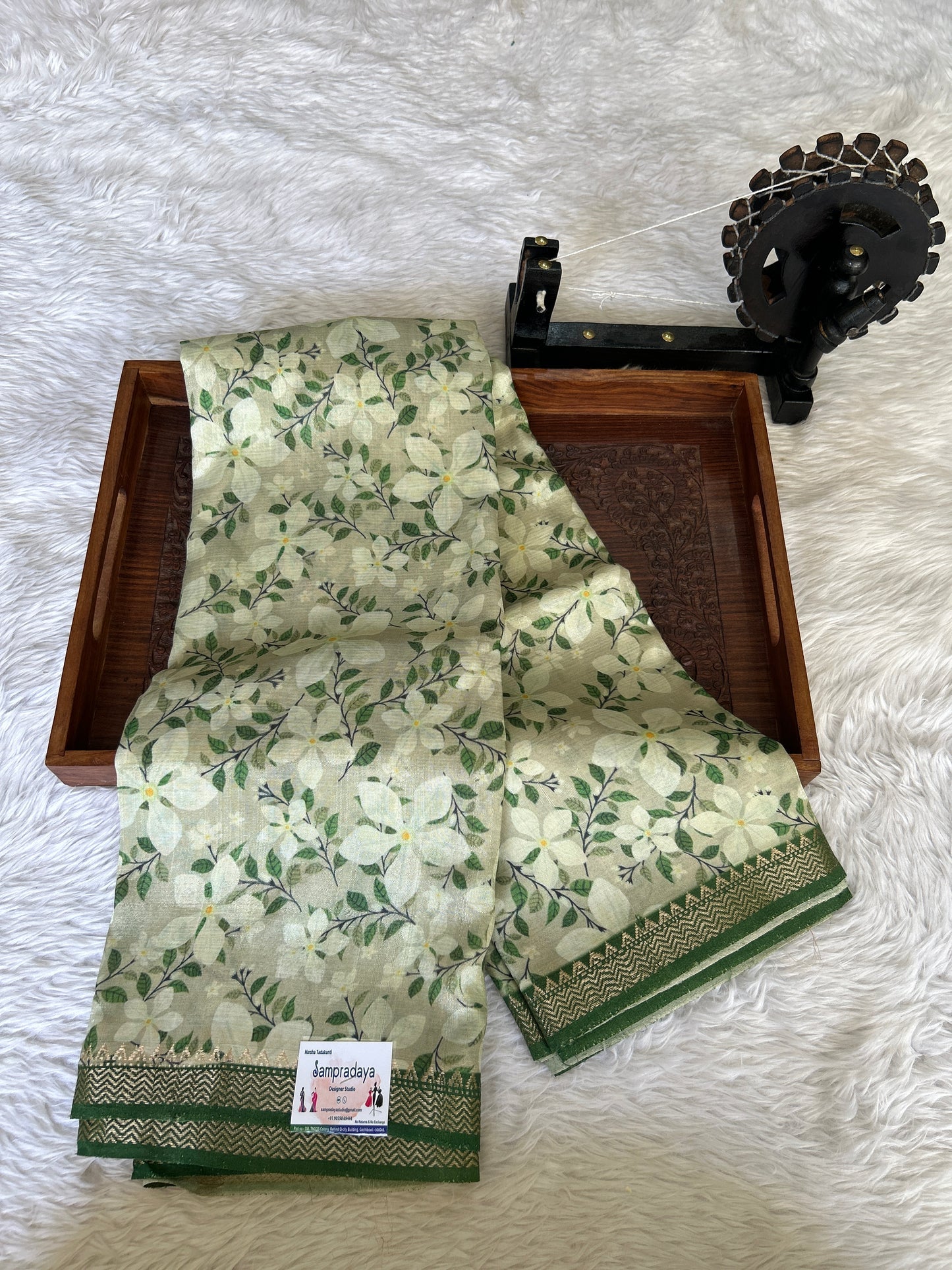 Mangalagiri Pattu Digital Print Saree Light Olive Green colored complemented with a Green Zari Border - Sampradaya Designer Studio