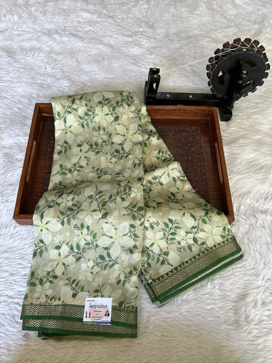 Mangalagiri Pattu Digital Print Saree Light Olive Green colored complemented with a Green Zari Border - Sampradaya Designer Studio