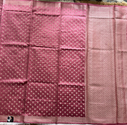 Pure Chiniya Silk Saree Baby Pink Colored Elegantly Paired with a Gold Zari Border.