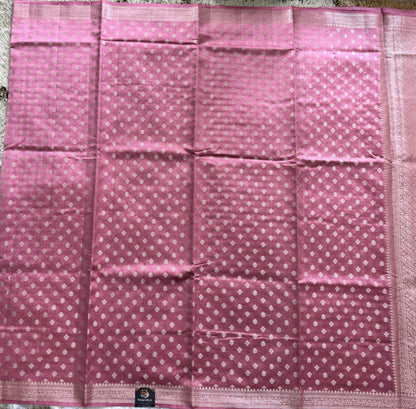 Pure Chiniya Silk Saree Baby Pink Colored Elegantly Paired with a Gold Zari Border.