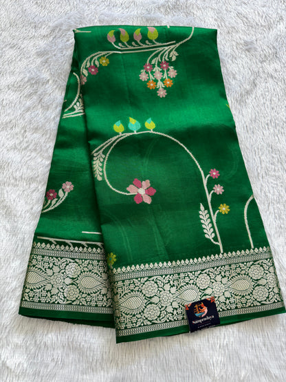 Pure Chiniya Silk Saree Parrot Green Colored Elegantly Paired with a Gold Zari Border.