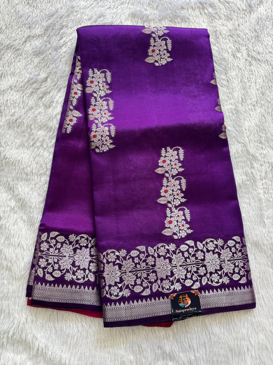 Pure Chiniya Silk Saree Purple Colored Elegantly Paired with a Gold Zari Border.