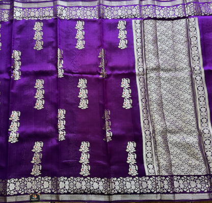 Pure Chiniya Silk Saree Purple Colored Elegantly Paired with a Gold Zari Border.